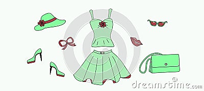 Set of women's clothing, shoes and accessories. Green and red. Vector Illustration